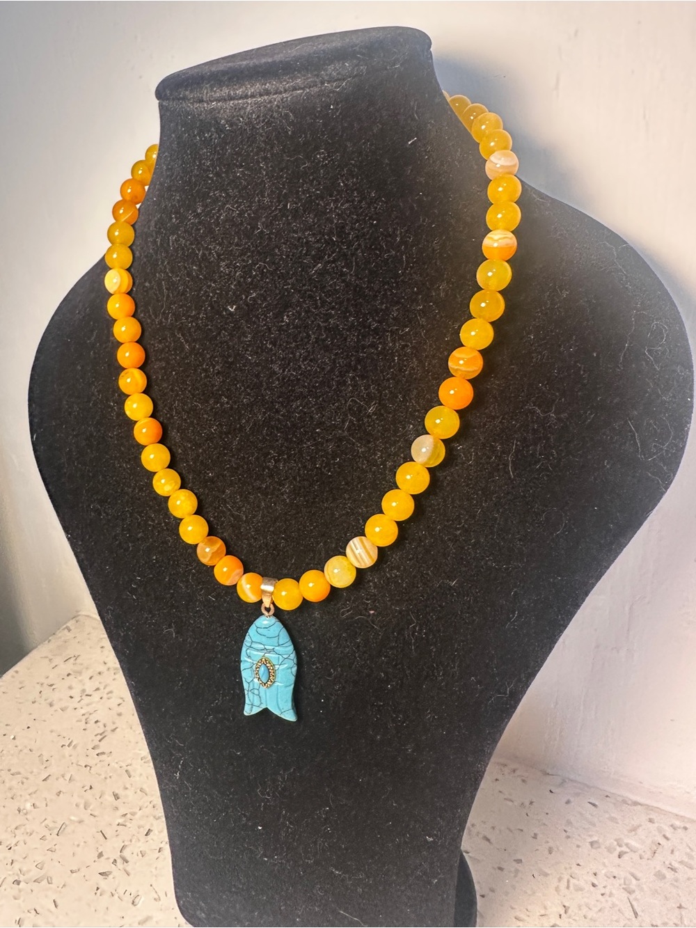 Handcrafted Yellow Agate Beaded Necklace with Turquoise Hamsa Pendant
